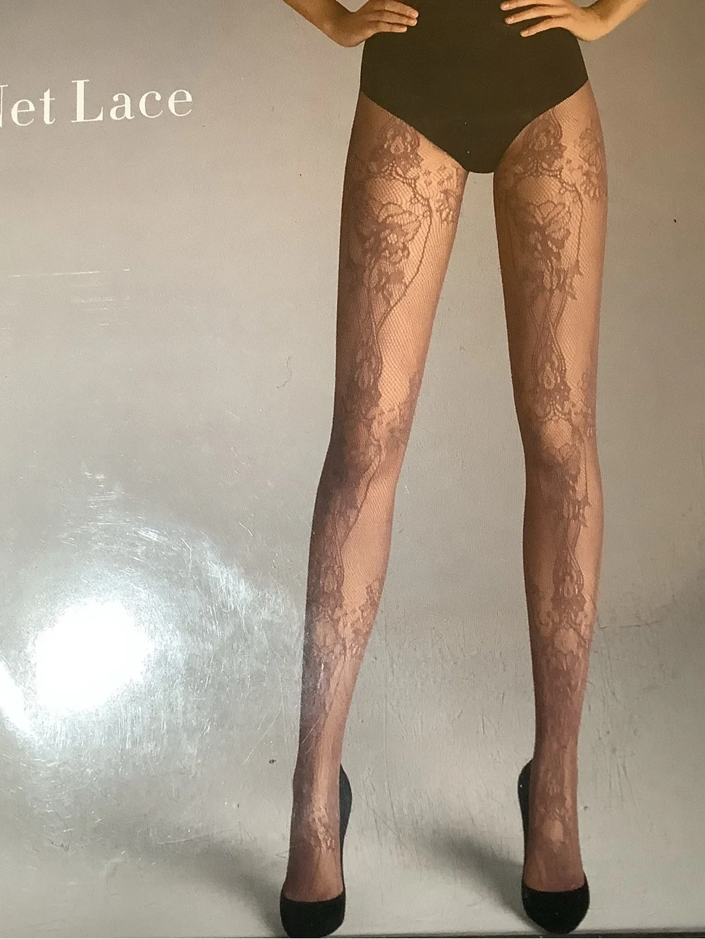 Wolford net lace tights, floral net pattern, color midnight, size: M